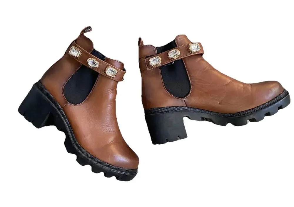 Steve Madden Boots Size 7.5 Amulet Leather Chunky Chelsea Heel Brown Booties